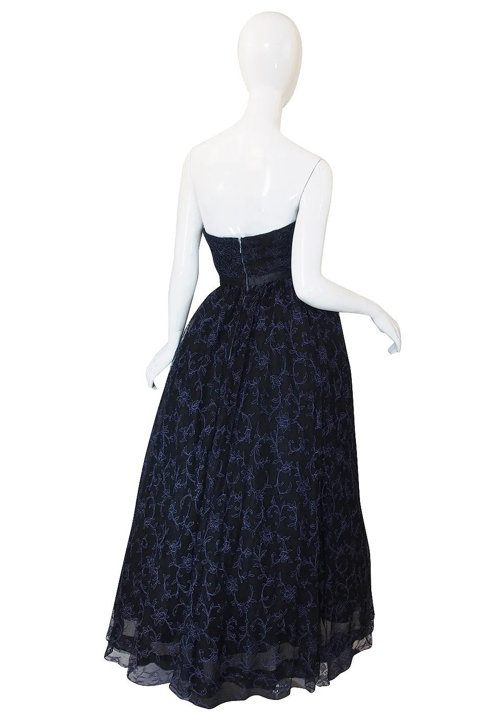 1950s Embroidered Net Creeds Strapless Gown