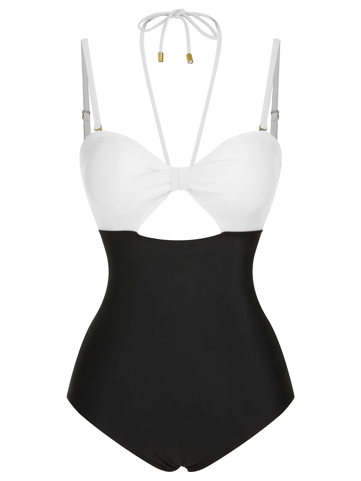 1950s Solid Cutout Halter Strap Swimsuit