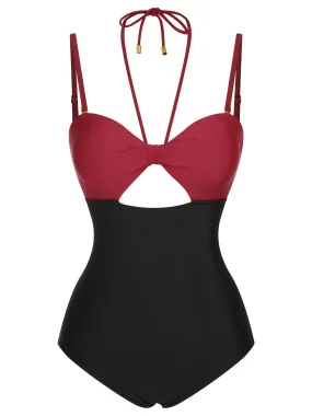 1950s Solid Cutout Halter Strap Swimsuit