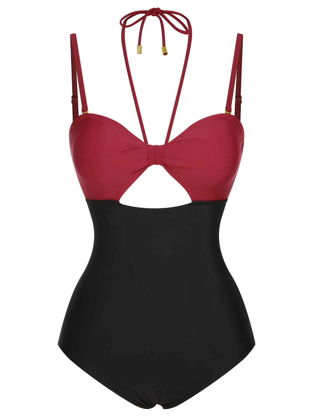 1950s Solid Cutout Halter Strap Swimsuit