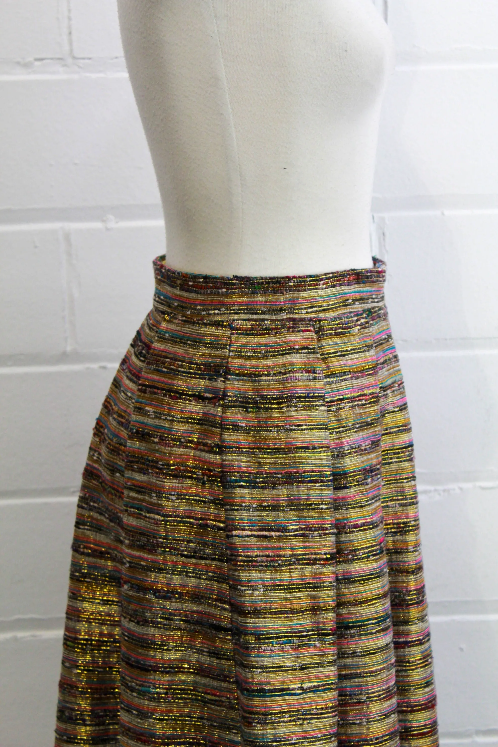 1970s Metallic Gold & Pink Striped Maxi Skirt, Waist 28"