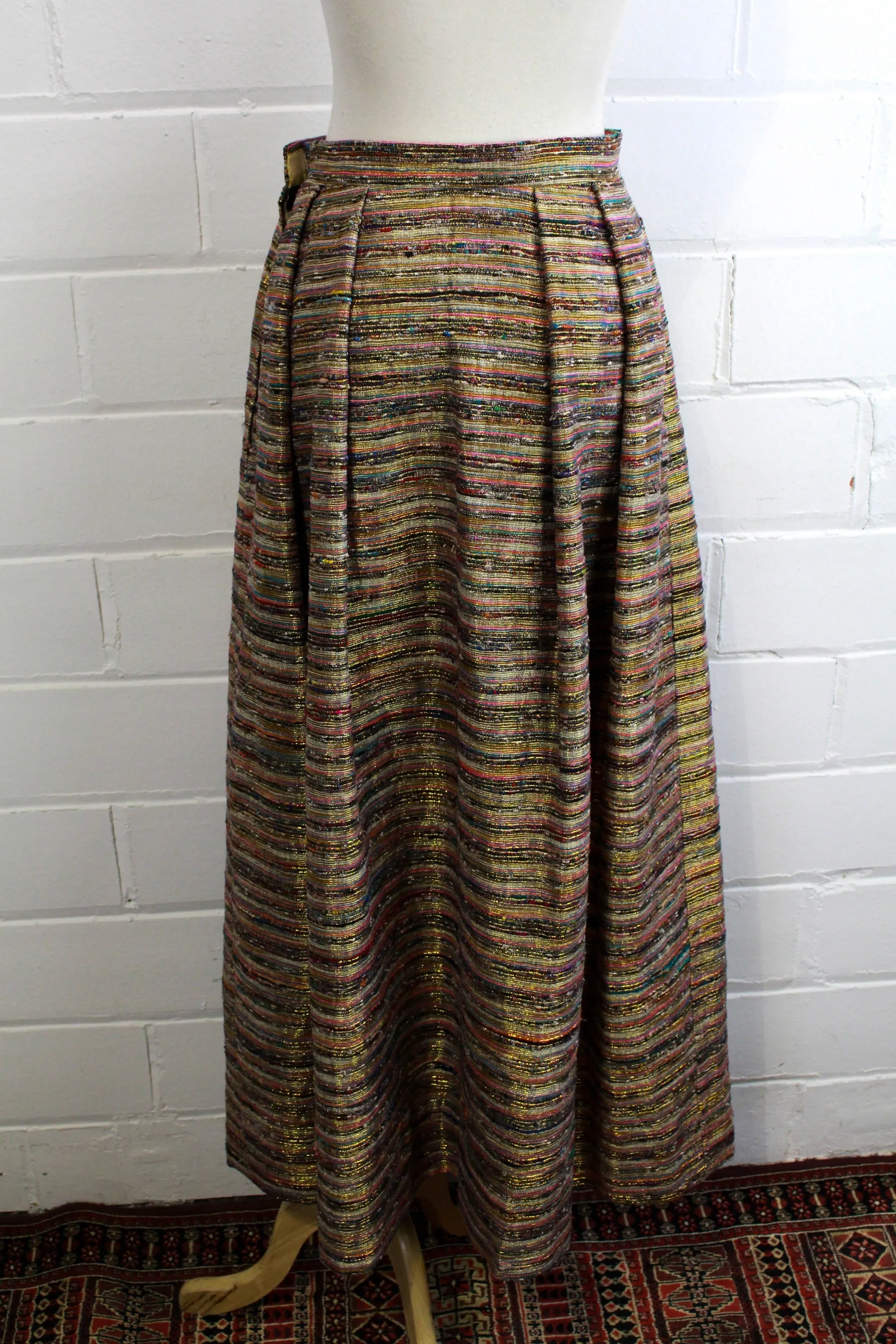 1970s Metallic Gold & Pink Striped Maxi Skirt, Waist 28"