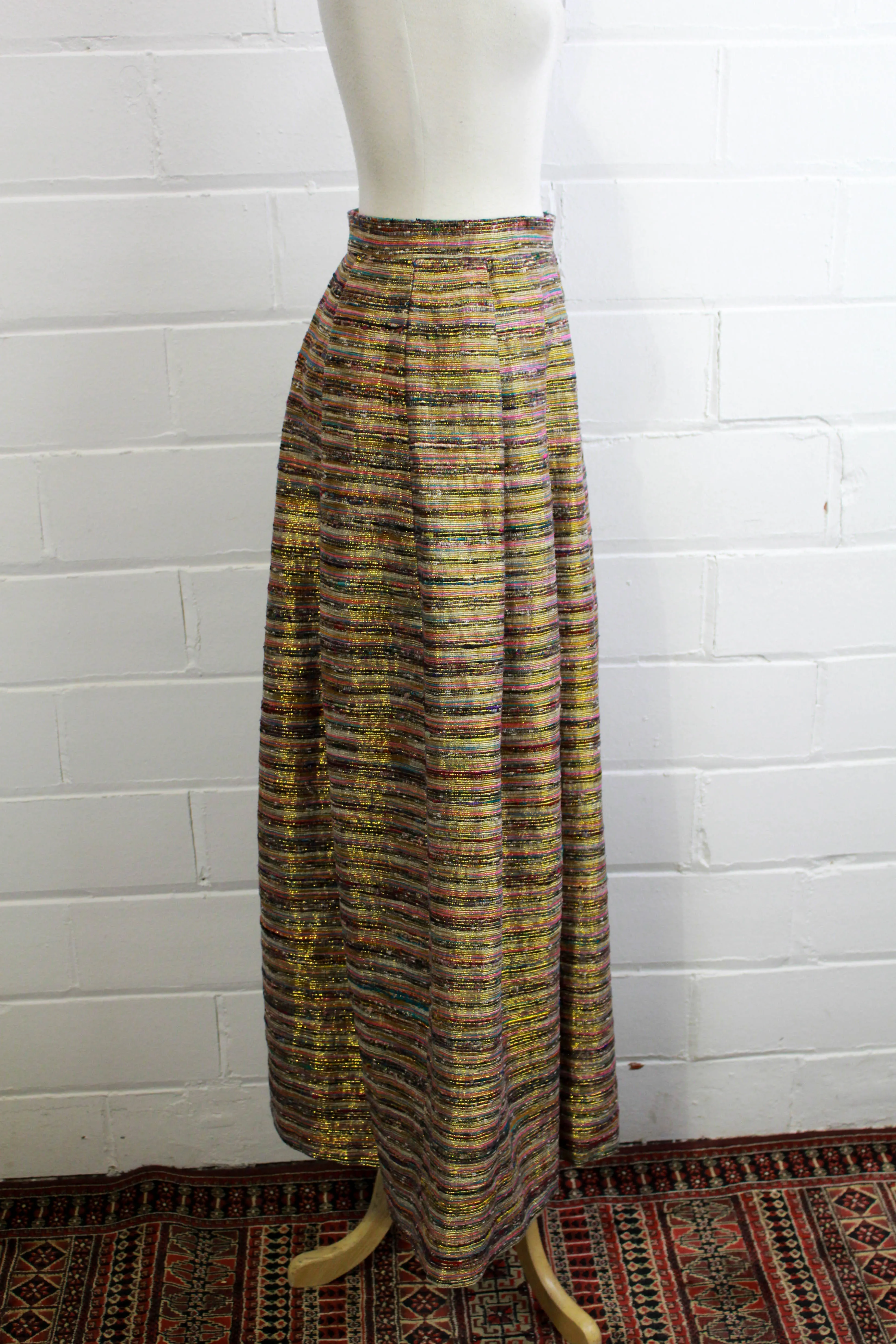 1970s Metallic Gold & Pink Striped Maxi Skirt, Waist 28"