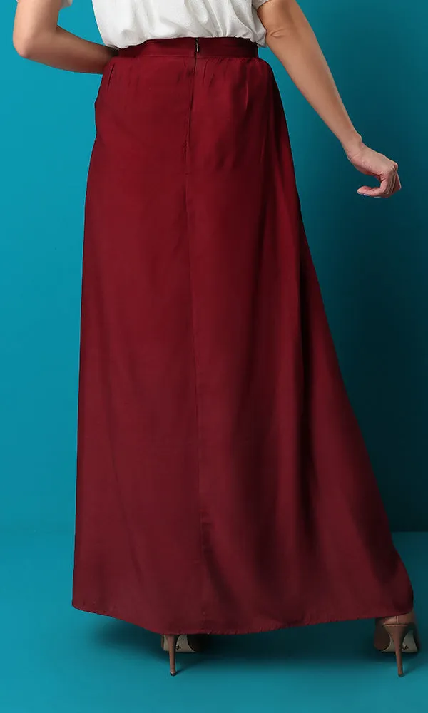 47455 Maroon Red Maxi Solid Basic Skirt