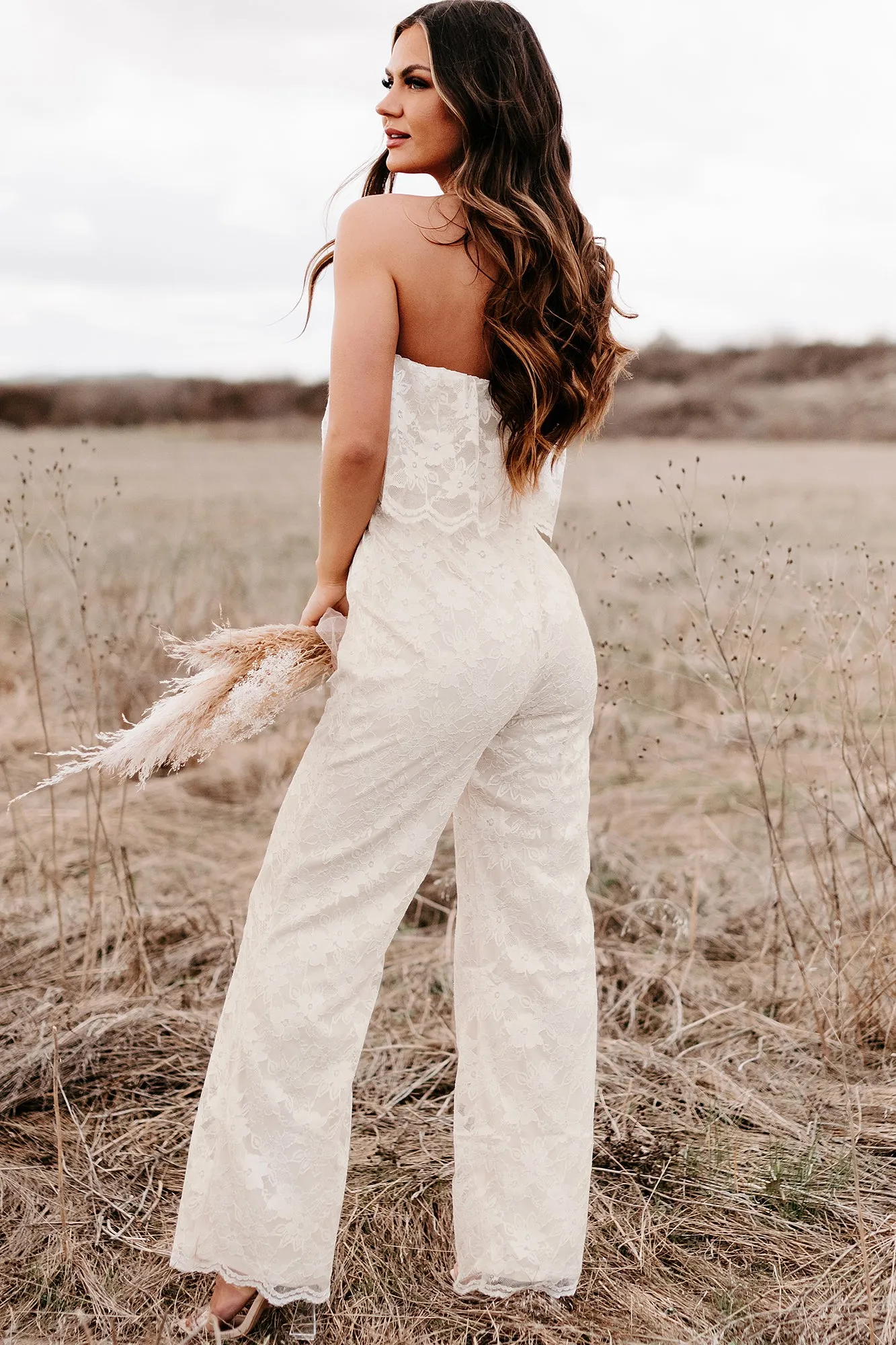 A Classic Feeling Strapless Lace Jumpsuit (Cream)