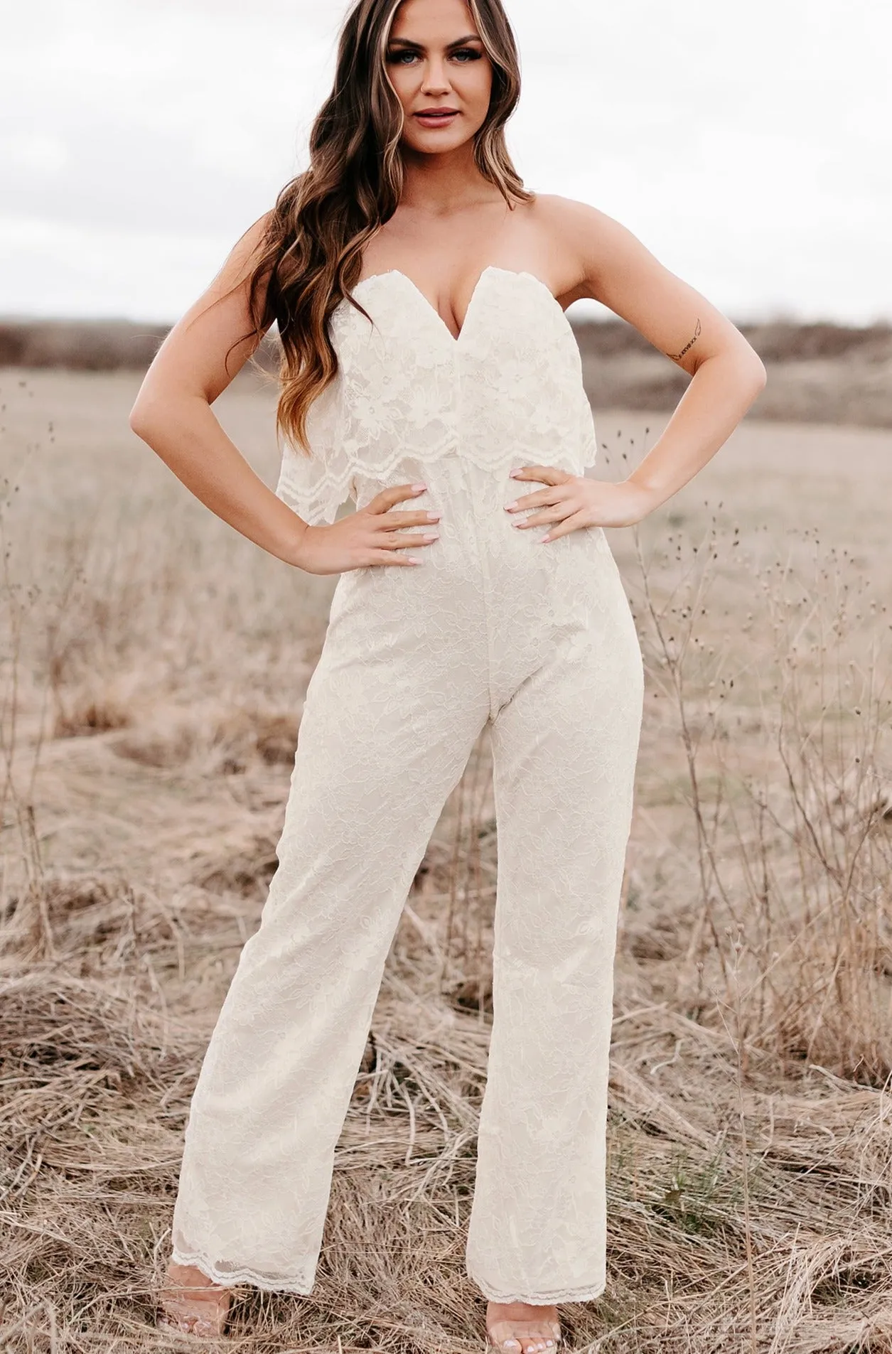 A Classic Feeling Strapless Lace Jumpsuit (Cream)