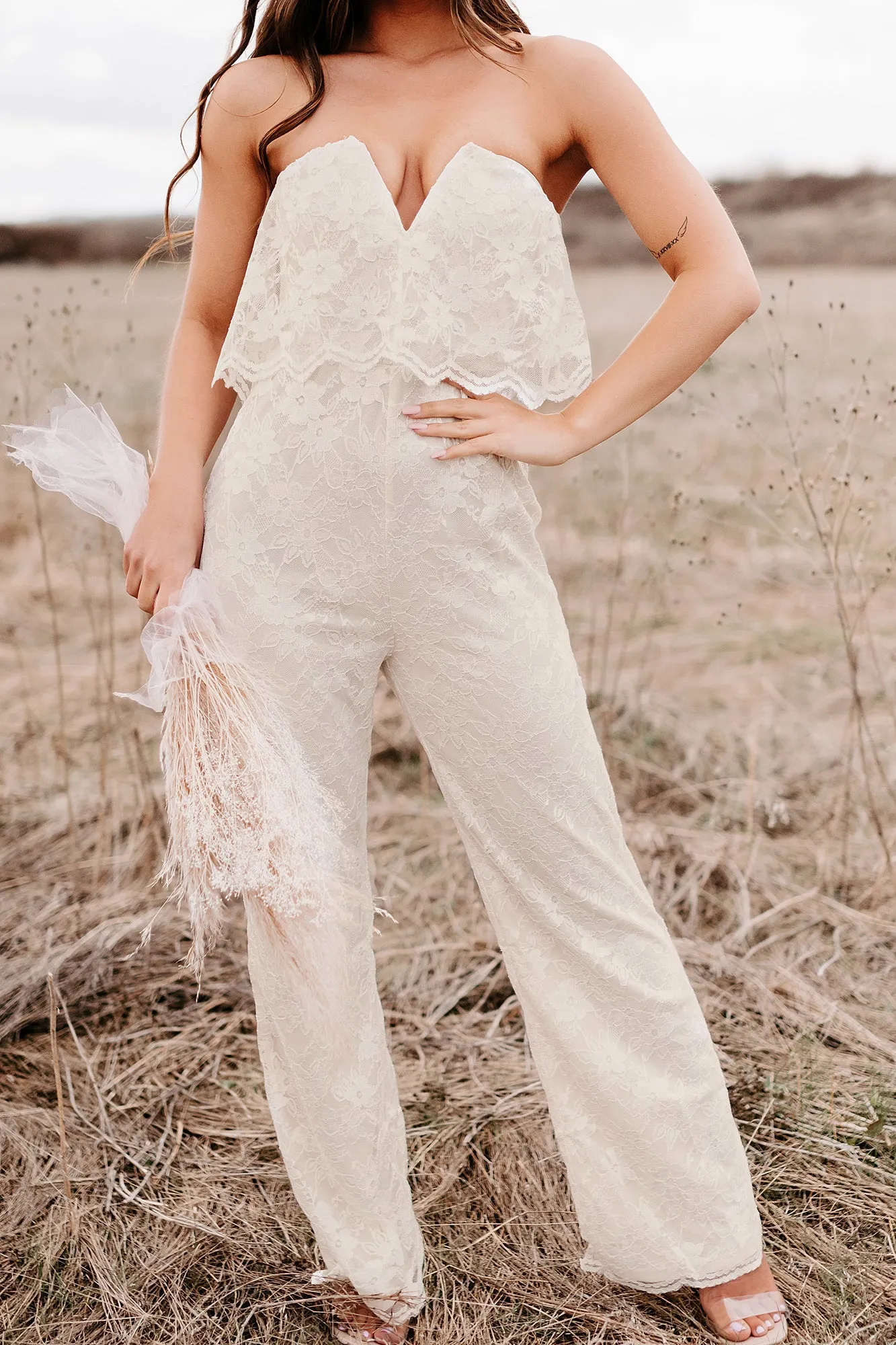 A Classic Feeling Strapless Lace Jumpsuit (Cream)