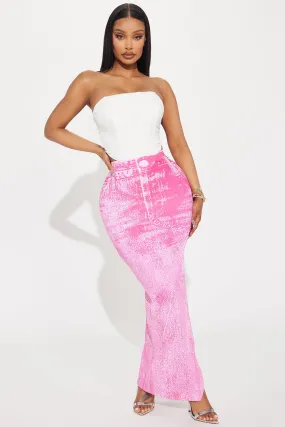 A Glimpse Printed Denim Maxi Skirt - Pink