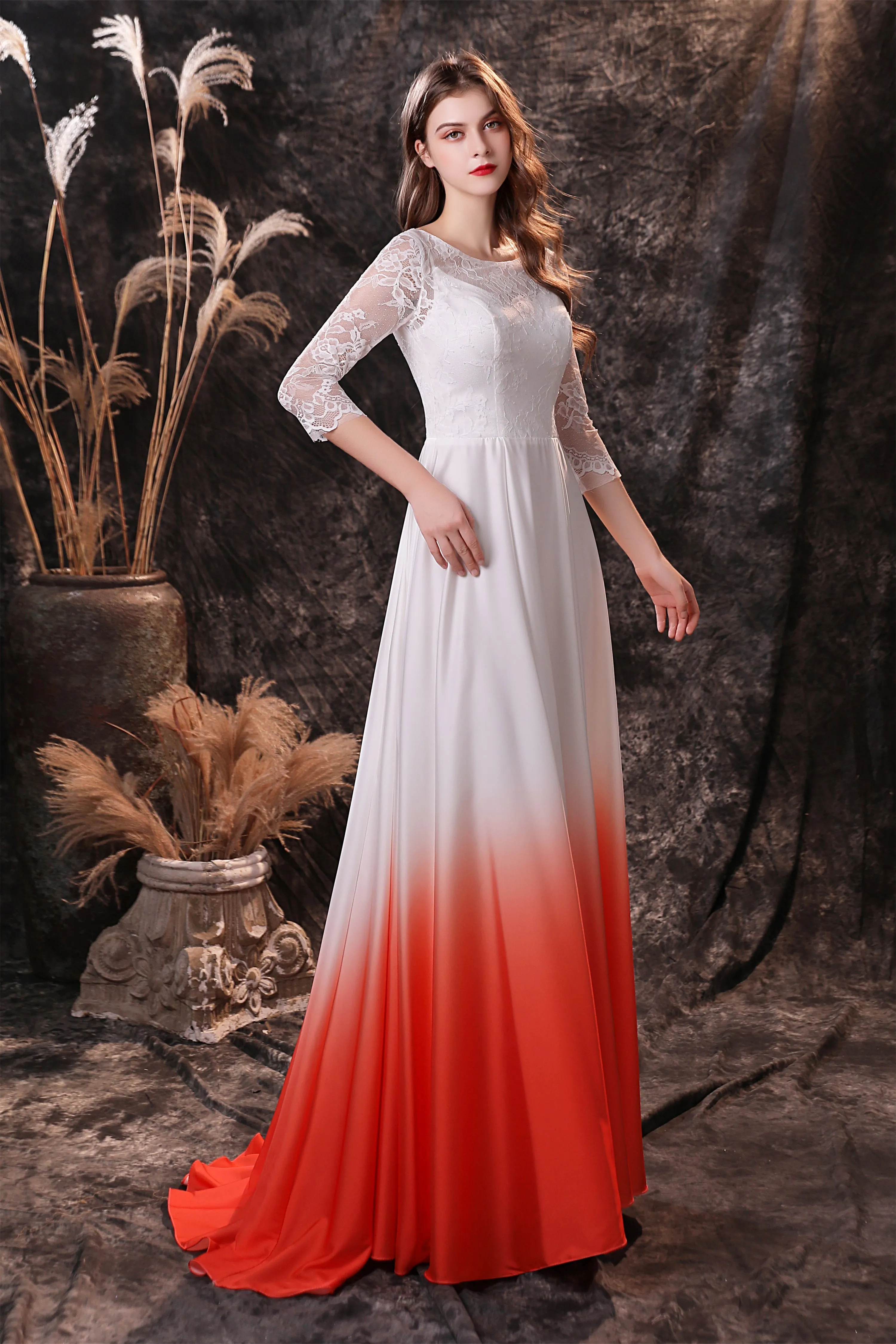 A Line 3/4 Sleeve Ombre Silk Like Satin Sweep Train Prom Dresses