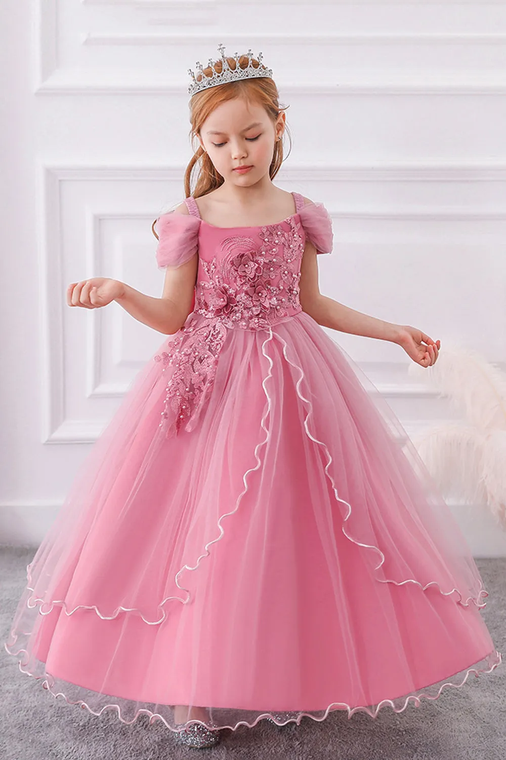 A-Line Beaded Blush Girls Dresses with Appliques