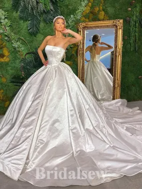 A-line Best Satin Strapless Princess Vintage Dream Beach Long Wedding Dresses, Bridal Gown WD485