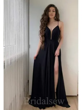 A-line Black Simple Slit Elegant Sexy Floor-Length Women Long Evening Prom Dresses PD599