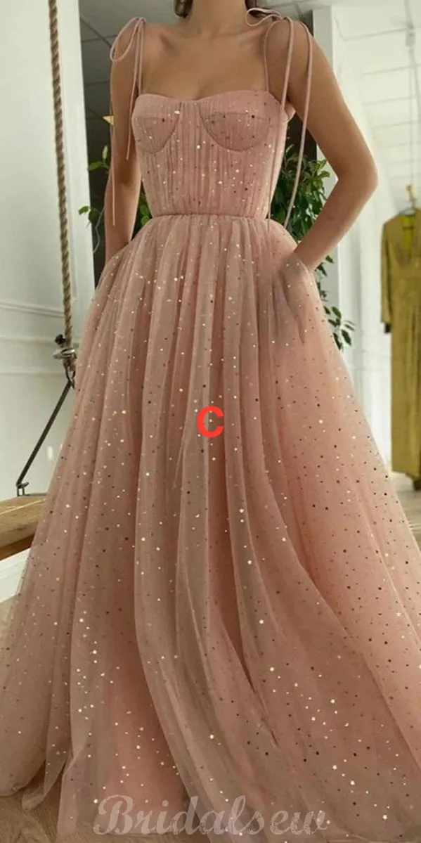 A-line Blue Pink Tulle Sparkly Popular Prom Dresses PD020