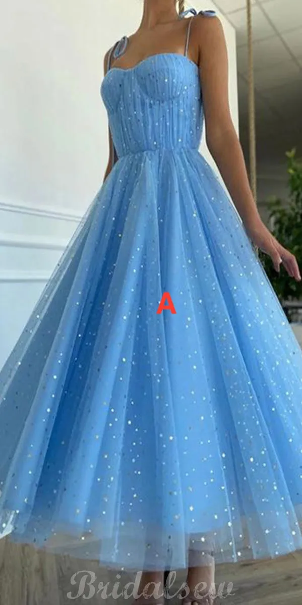 A-line Blue Pink Tulle Sparkly Popular Prom Dresses PD020