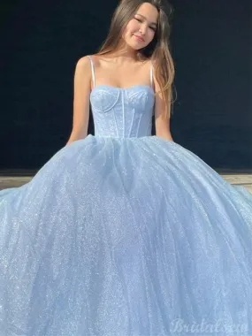 A-line Blue Sparkly Sequin Tulle Long Prom Dresses, Formal Evening Dresses PD264