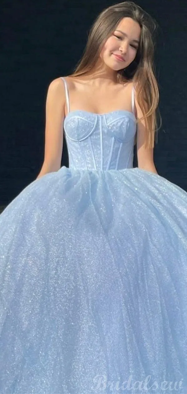 A-line Blue Sparkly Sequin Tulle Long Prom Dresses, Formal Evening Dresses PD264