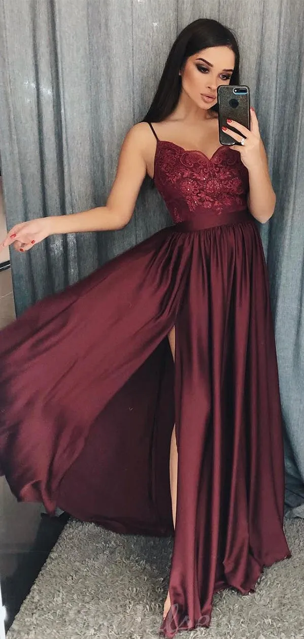 A-line Burgundy Spaghetti Straps Modest Long Prom Dresses PD114