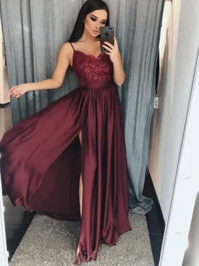 A-line Burgundy Spaghetti Straps Modest Long Prom Dresses PD114