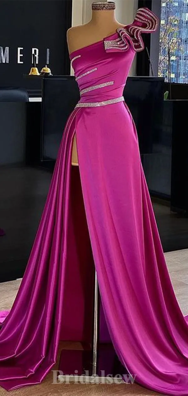 A-line Charming Fuchsia One Shoulder Satin Best Long Party Evening Prom Dresses PD1284