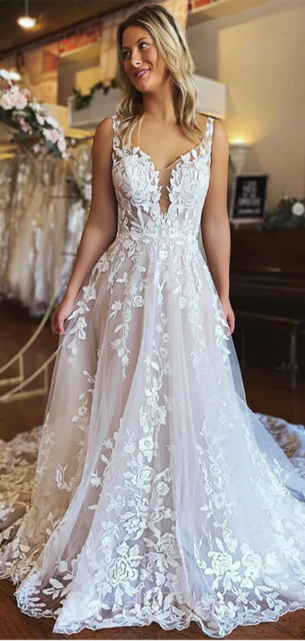 A-line Elegant Classic Fantastic Lace Beach Vintage Long Wedding Dresses WD318