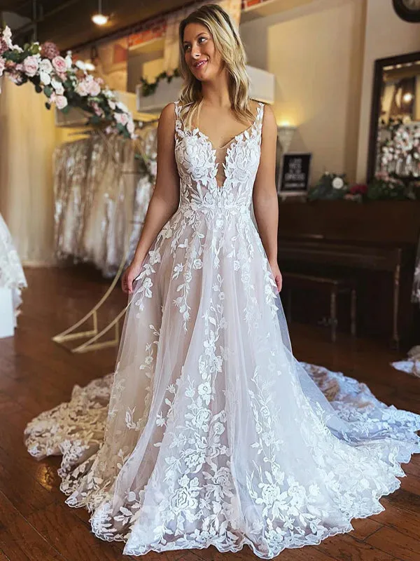 A-line Elegant Classic Fantastic Lace Beach Vintage Long Wedding Dresses WD318