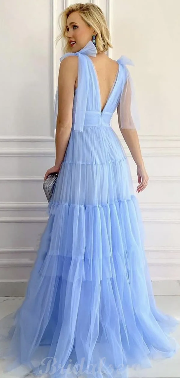 A-line Fairy Fashion Tulle Sky Blue Formal Long Prom Dresses, Evening Dress PD435