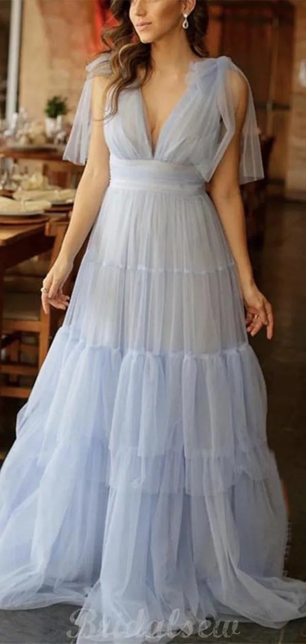 A-line Fairy Fashion Tulle Sky Blue Formal Long Prom Dresses, Evening Dress PD435