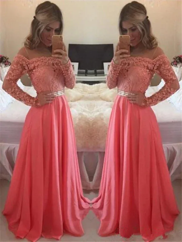 A Line Floor Length Long Sleeves Coral Lace Prom Dress, Coral Lace Bridesmaid/Formal Dresses