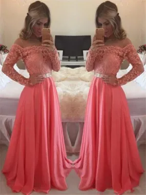 A Line Floor Length Long Sleeves Coral Lace Prom Dress, Coral Lace Bridesmaid/Formal Dresses