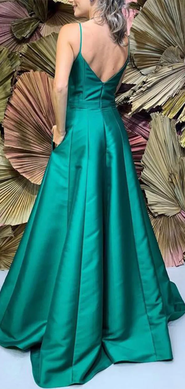 A-line Formal Green Satin Modest Long Prom Dresses, Evening Dresses PD177