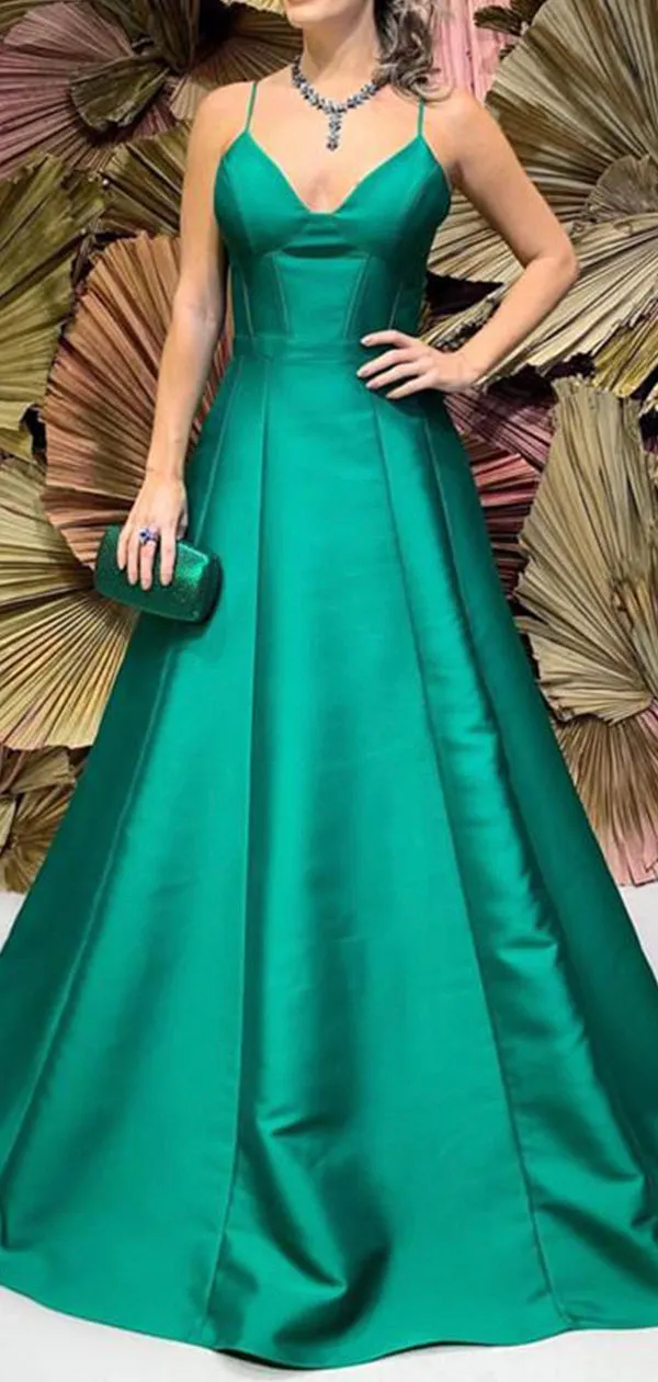 A-line Formal Green Satin Modest Long Prom Dresses, Evening Dresses PD177