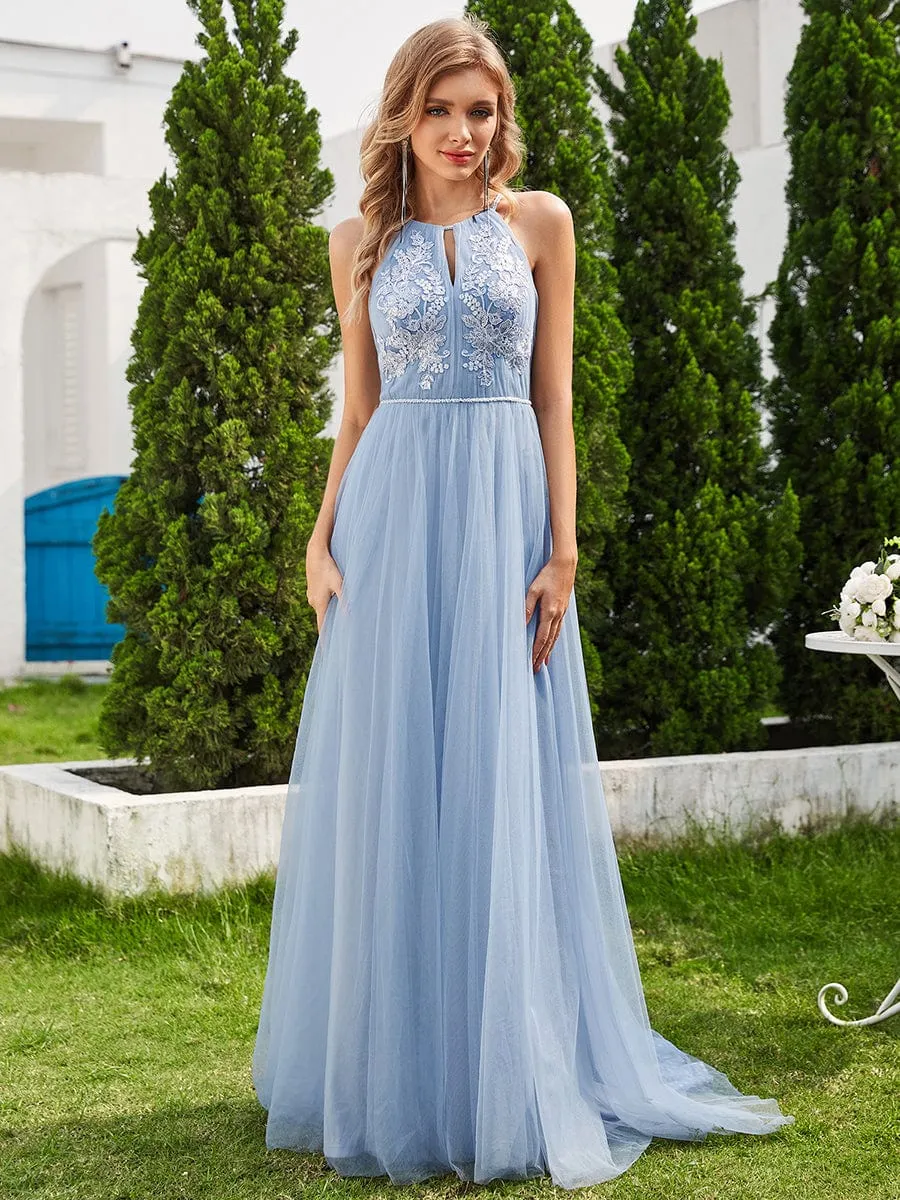 A-Line Halter Neck Applique Wedding Dress with Tulle