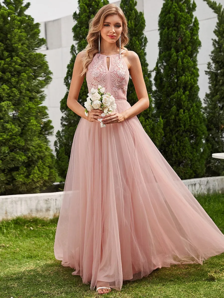 A-Line Halter Neck Applique Wedding Dress with Tulle