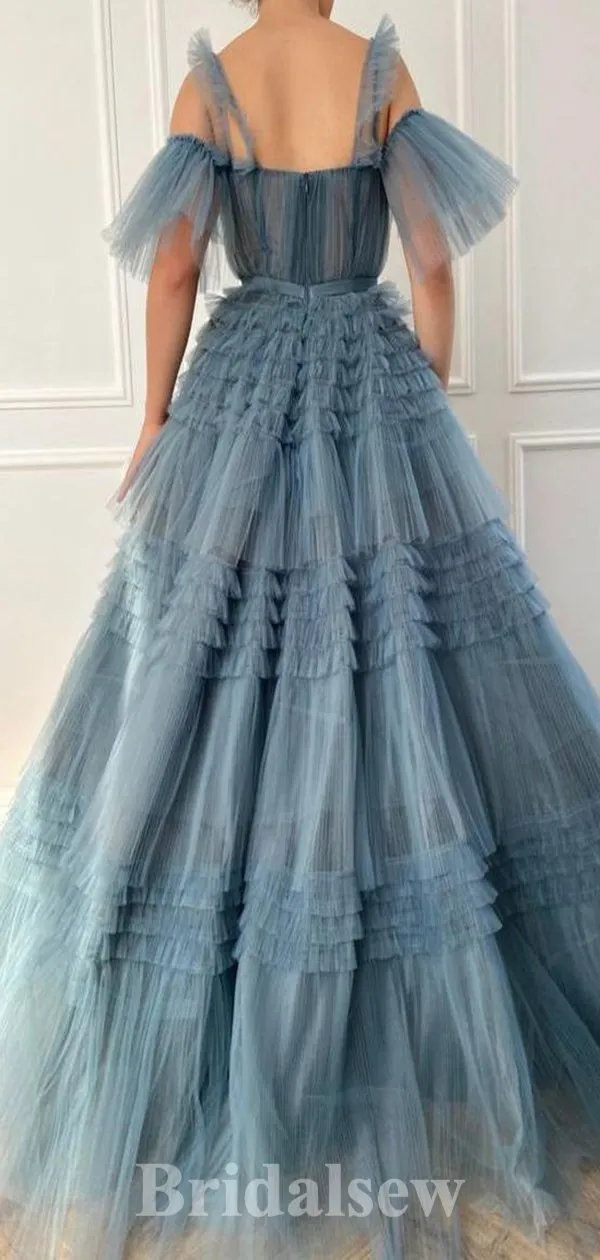 A-line Modest Unique Tulle Off the Shoulder Elegant Long Evening Prom Dresses PD1216