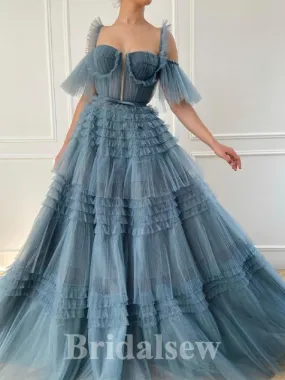 A-line Modest Unique Tulle Off the Shoulder Elegant Long Evening Prom Dresses PD1216