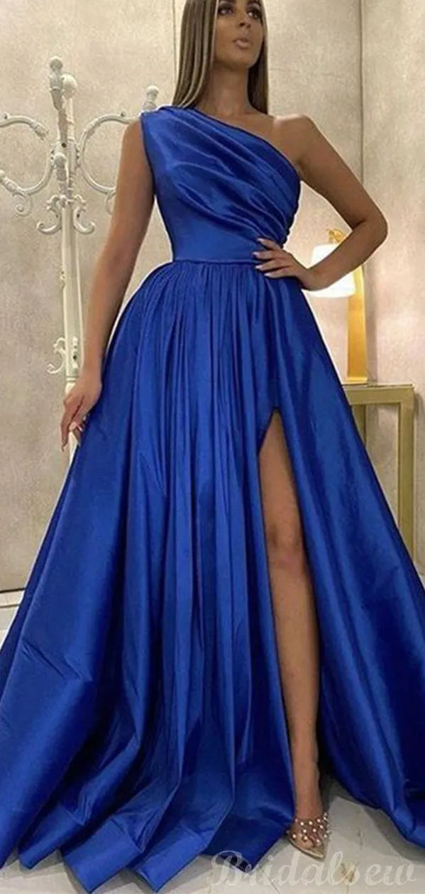 A-line One Shoulder Royal Blue Elegant Fashion Formal Long Prom Dresses PD252