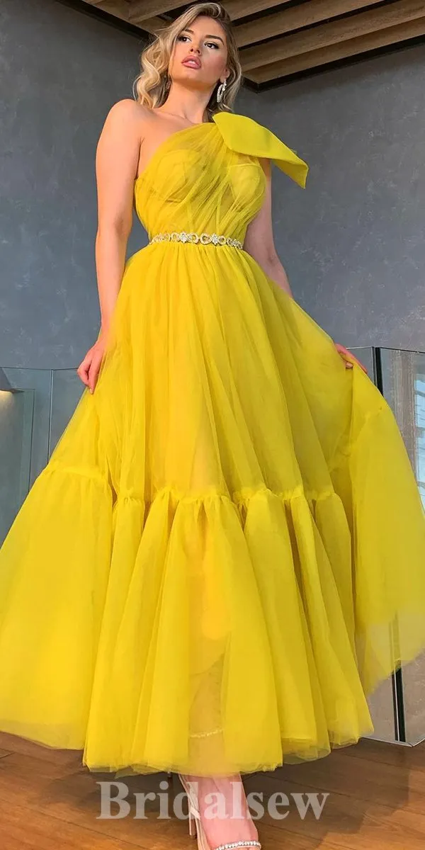 A-line One Shoulder Yellow New Modest Princess Custom Party Prom Dresses PD1184