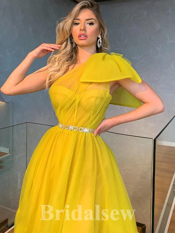 A-line One Shoulder Yellow New Modest Princess Custom Party Prom Dresses PD1184