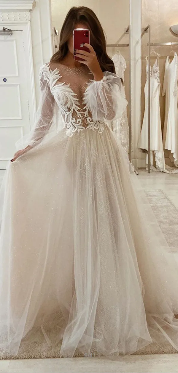 A-line Popular Long Sleeves Vintage Dream Wedding Dresses WD023