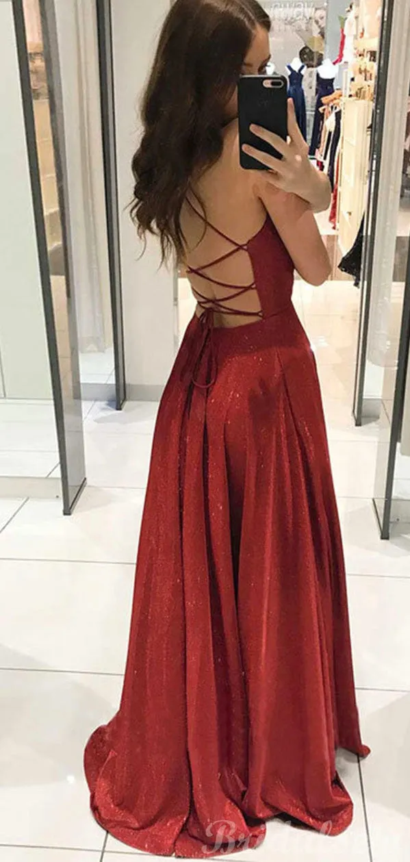 A-line Red Sequin Sparkly Spaghetti Straps Shinning Modest Evening Long Prom Dresses PD351