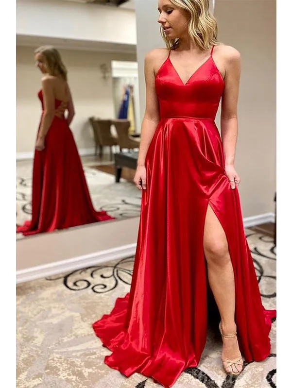 A-line Red Spaghetti Straps Simple Modest Long Evening Prom Dresses PD223