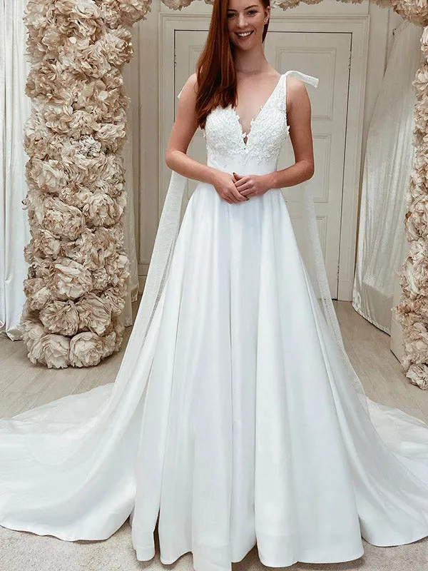 A-line Satin Unique Design Sleeveless Vintage Elegant Beach Long Wedding Dresses WD259