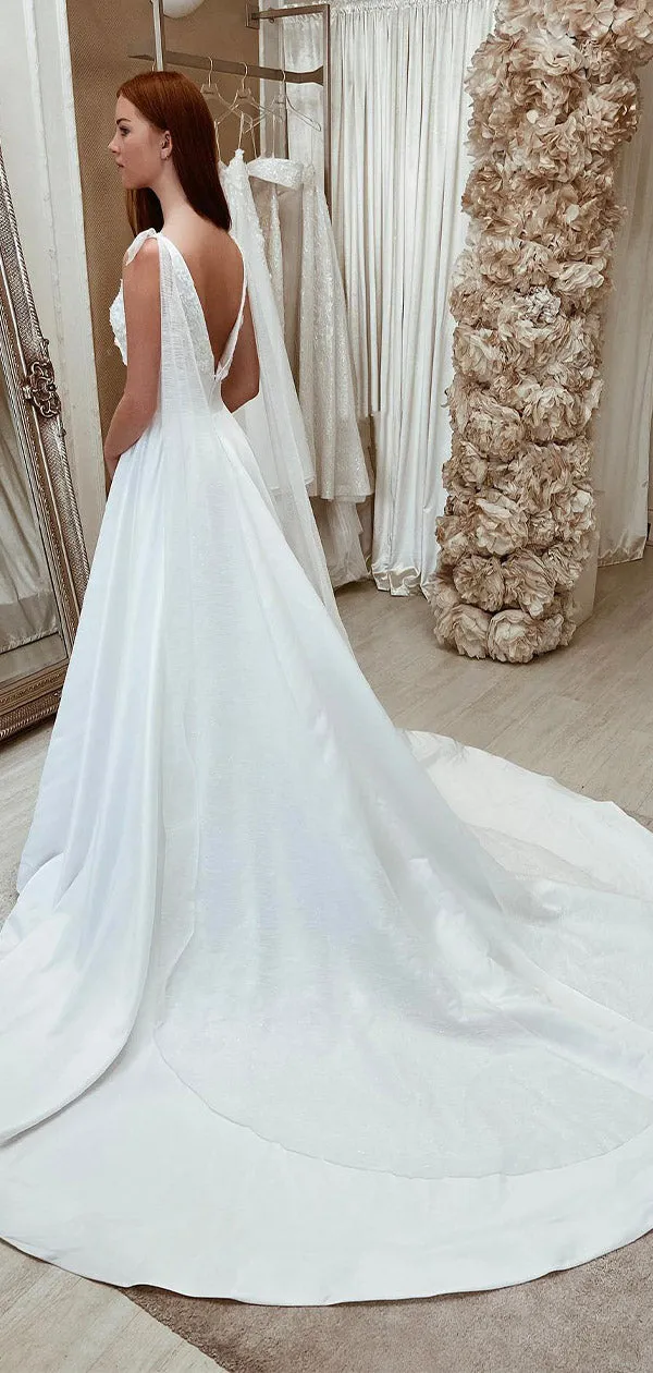 A-line Satin Unique Design Sleeveless Vintage Elegant Beach Long Wedding Dresses WD259