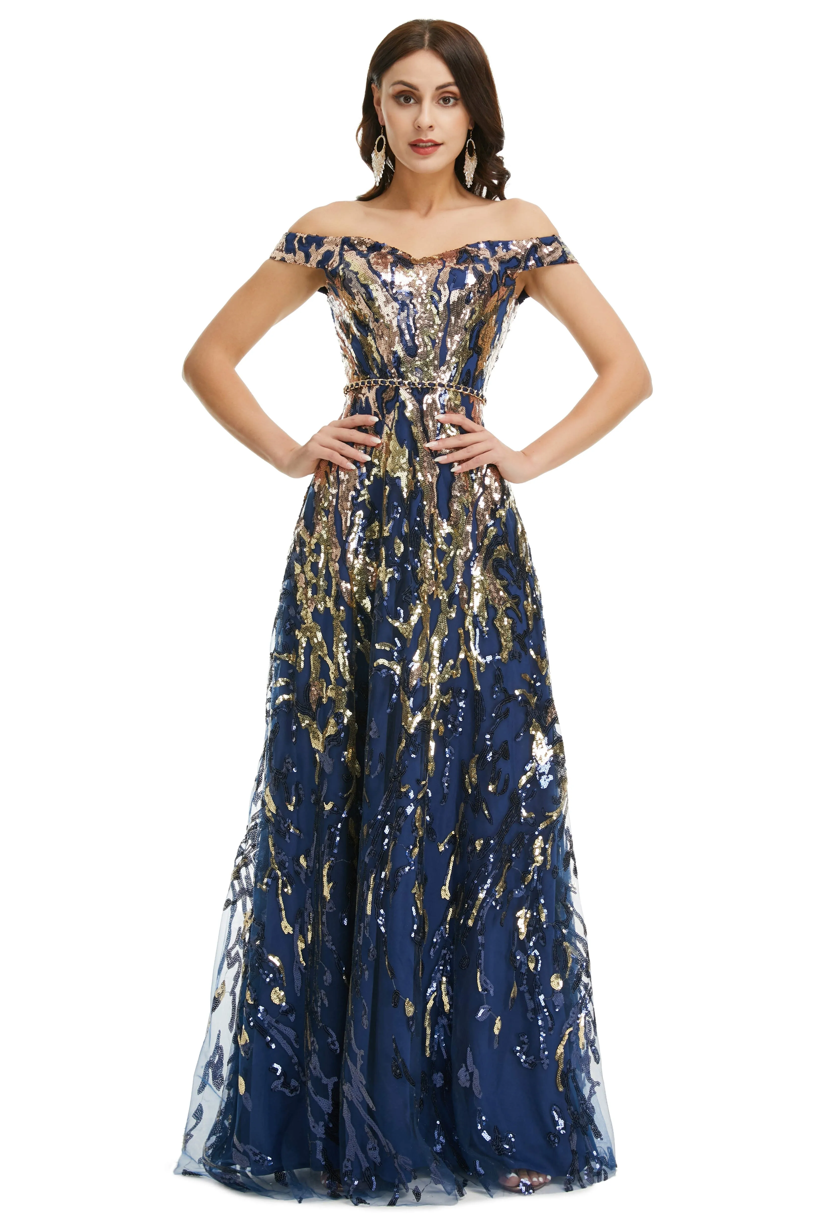 A Line Sequins Off the Shoulder Long Prom Dresses