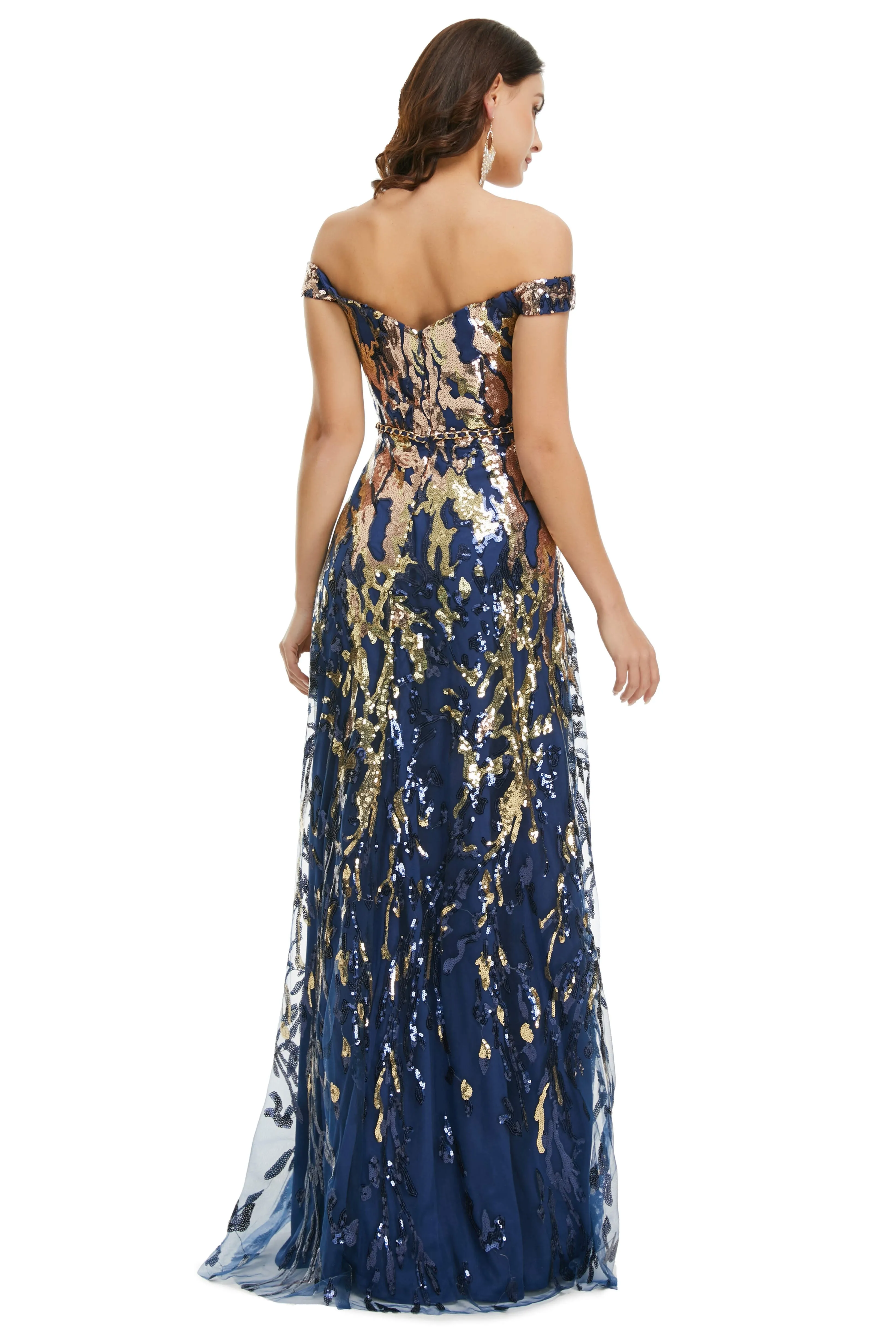 A Line Sequins Off the Shoulder Long Prom Dresses