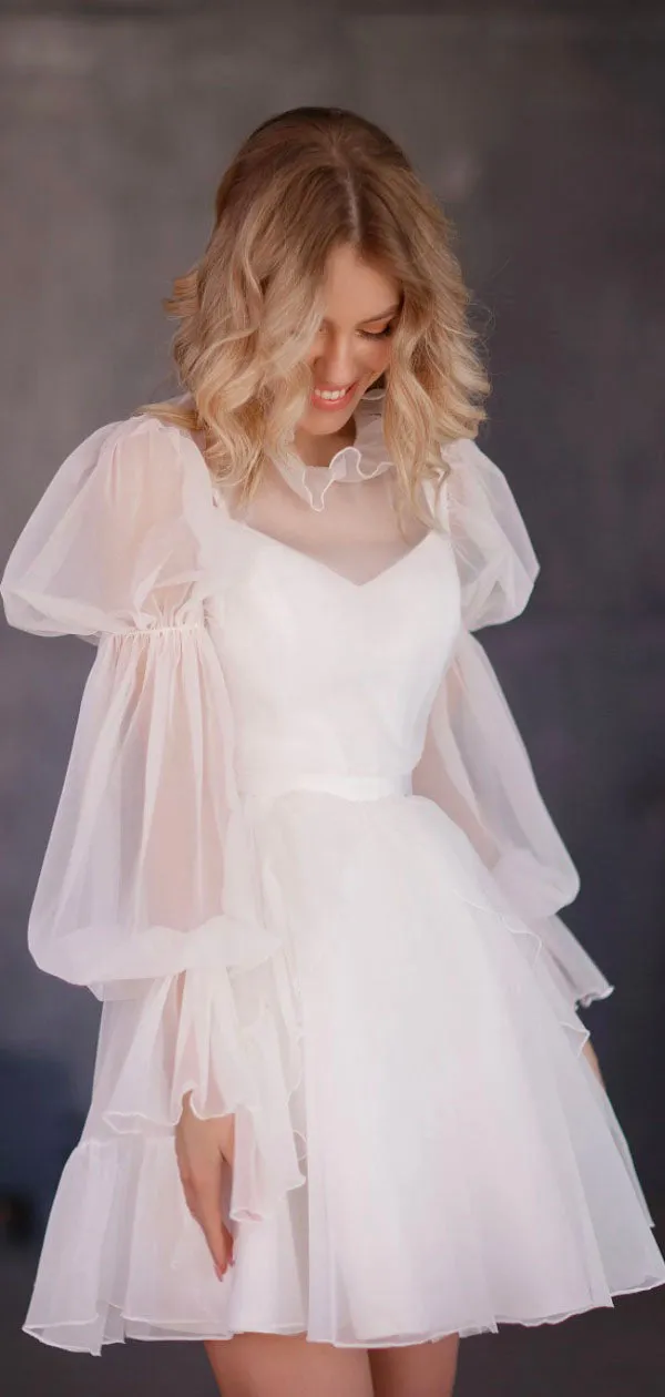 A-line Short Organza Long Sleeves Simple Beach Wedding Dresses WD151