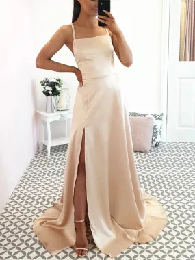 A-line Simple Light Champagne Stylish Elegant Modest Evening Long Prom Dresses PD343