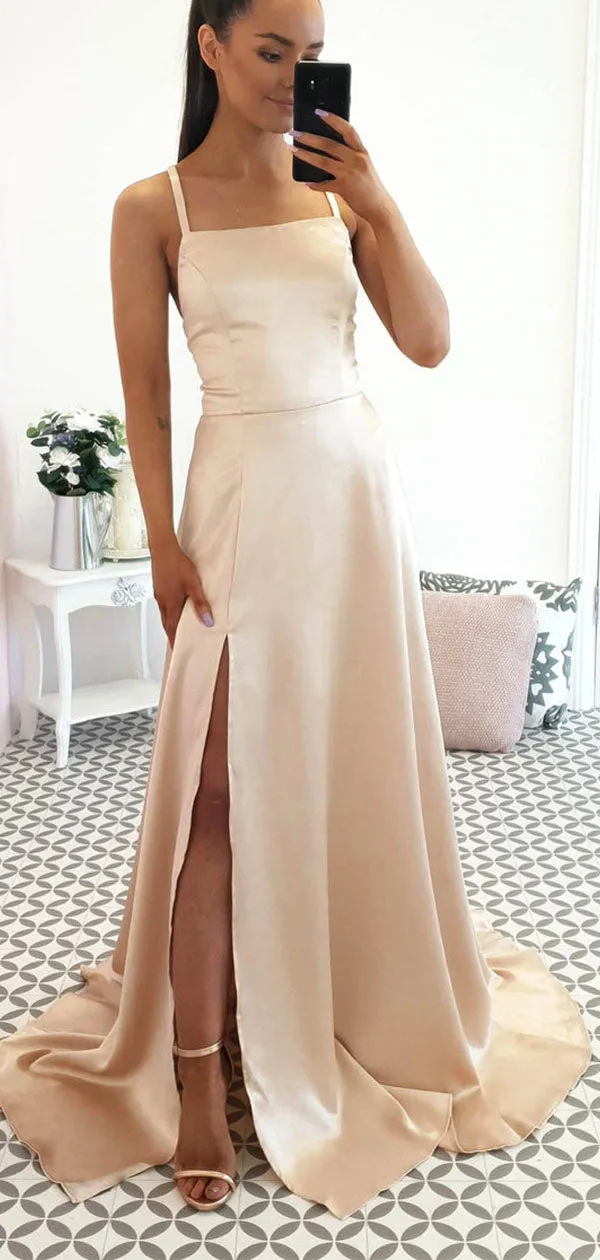 A-line Simple Light Champagne Stylish Elegant Modest Evening Long Prom Dresses PD343