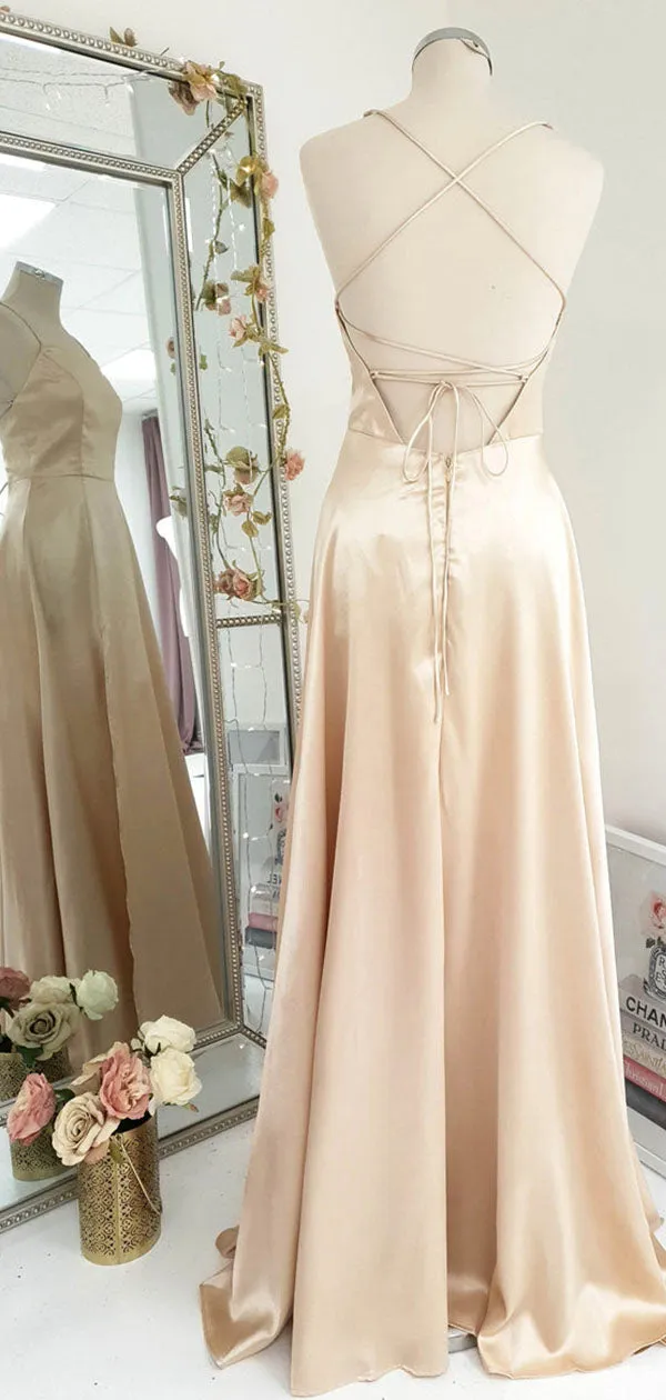 A-line Simple Light Champagne Stylish Elegant Modest Evening Long Prom Dresses PD343