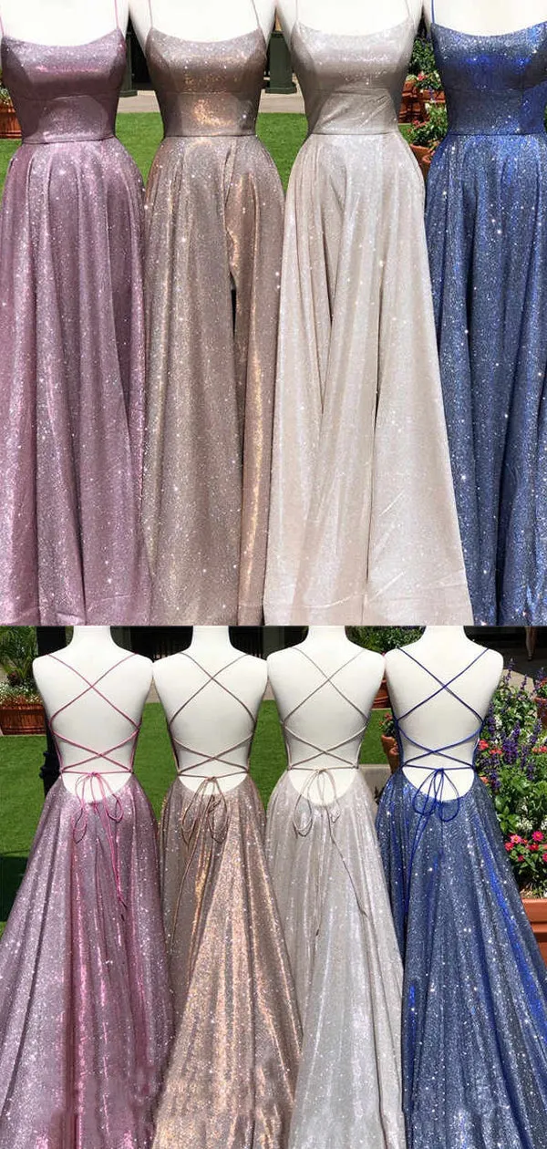 A-line Sparkly Spaghetti Straps Long Vintage Shining Simple Prom Dresses PD130